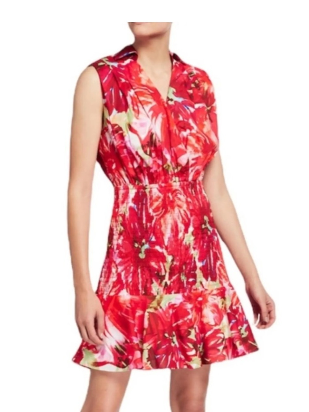 Milly Nora Brushstroke Floral Poplin Dress Mini Red Pink Smocked Beachy Glam